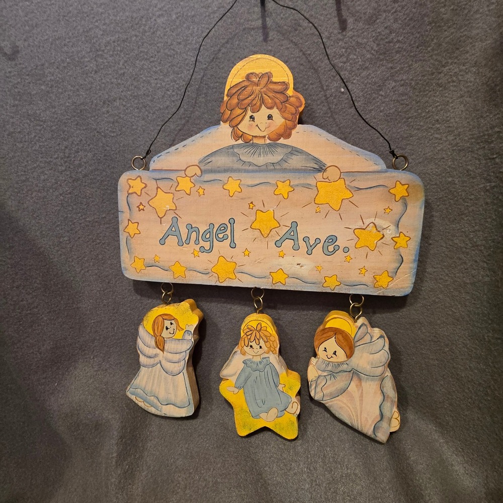 Shine Co Angel Ave Wooden Wall Hanging Vintage 2000 Hand Painted Folk Art Sign